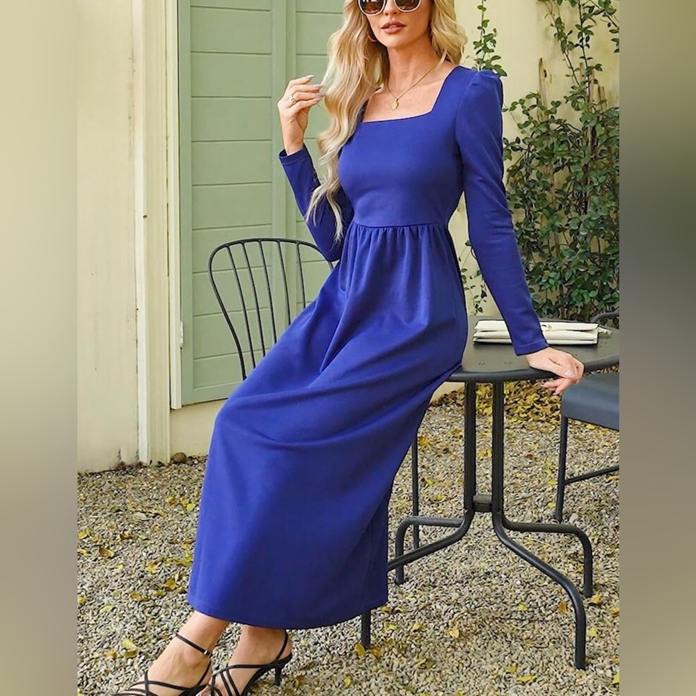 Royal Blue Square Neck Long Sleeve Dress